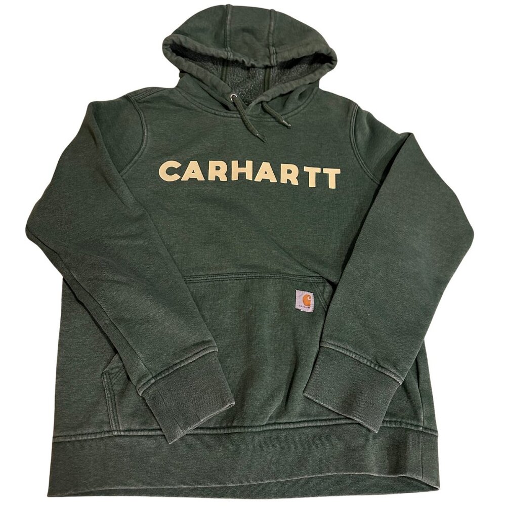 Carhartt Logo Pullover Hoodie Green Relaxed Fit Fleece Lined Small